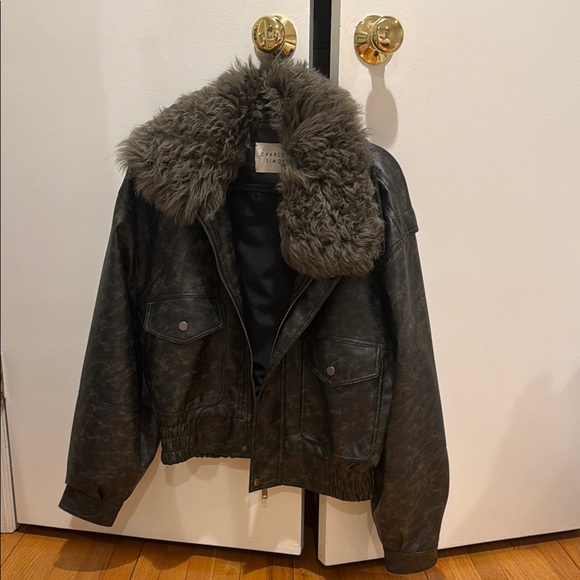 Charlotte Simone Jackets & Blazers - Shearling Collar Leather Jacket - Dark Olive